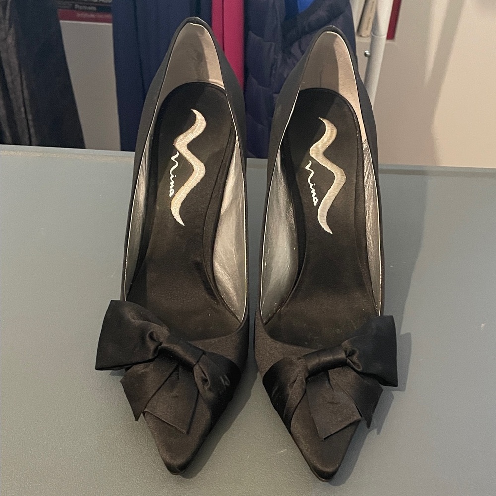 Nina Black Satin Heels with Bow